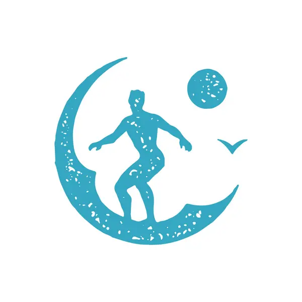 专业的男性冲浪选手骑在海浪极端运动业余爱好圈的标志类型蓝色粘胶纹理矢量图解 积极运动员乘坐冲浪板暑假休闲活动标志 免版税图库插图