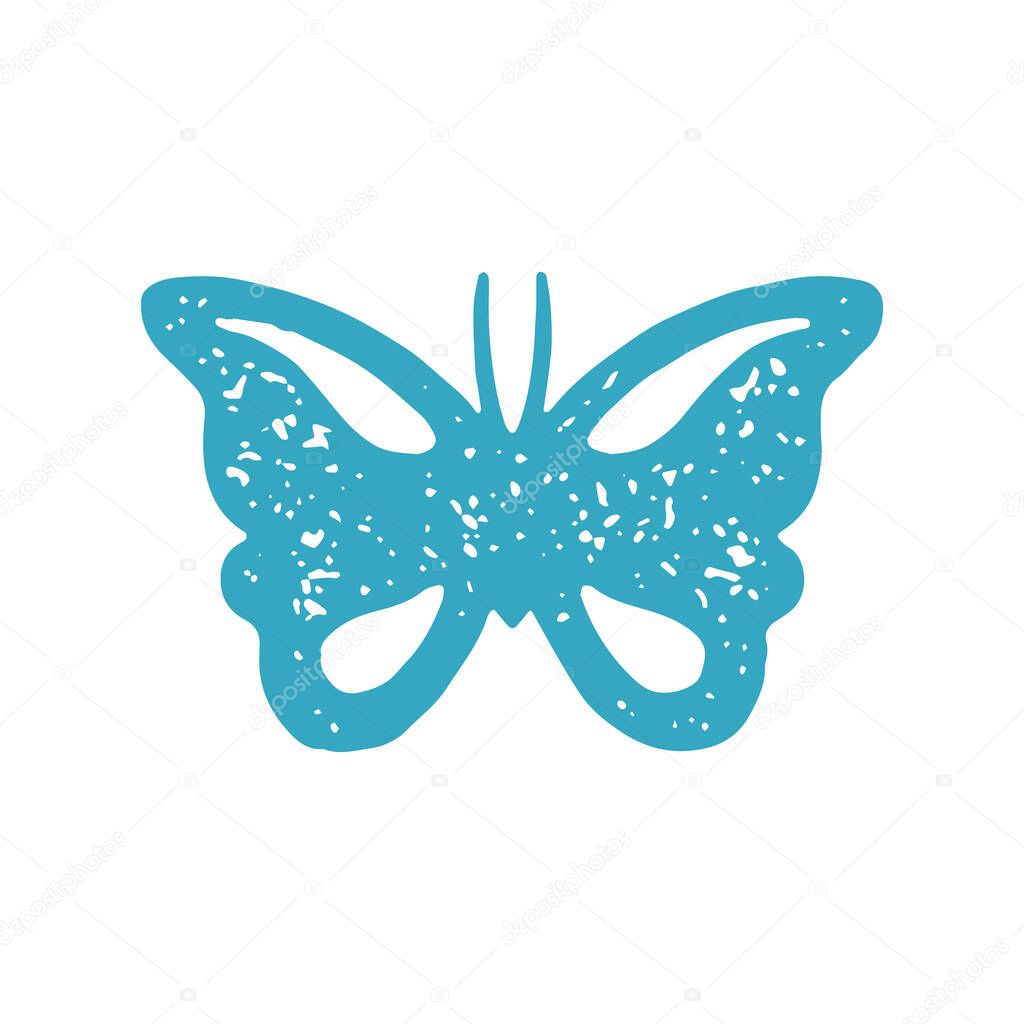 Nature hand drawn elegant butterfly winged insect summer spring wild fauna flora symbol blue grunge texture vector illustration. Natural moth with ornamental wings beauty decorative design isolated