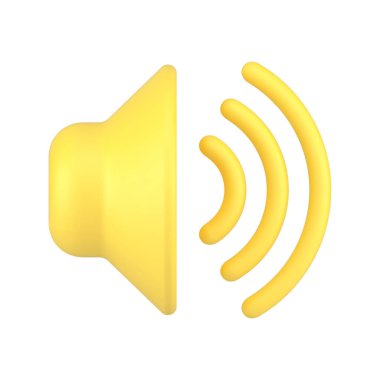 Parlak sarı ses hoparlörü müzik dalgası tanıtım duyurusu DJ parti 3d gerçekçi vektör illüstrasyonu. Dekoratif akustik ses hacmi stereo teknolojisi izole edildi