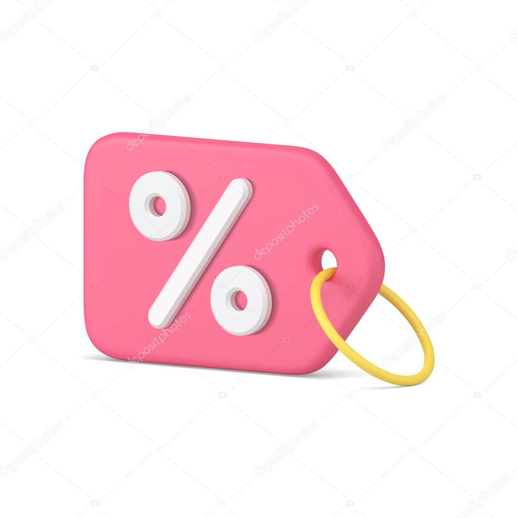 Glossy pink horizontal displaced percentage tag rope with ring for hanging realistic 3d icon template vector illustration. Bright marketing sale discount label business financial offer design