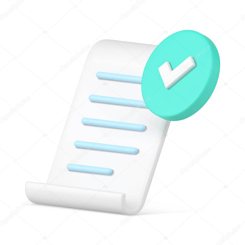 White curved blank legal text document with completed green checkmark diagonal placed 3d icon realistic vector illustration. Glossy paperwork business contract form approved examination isolated