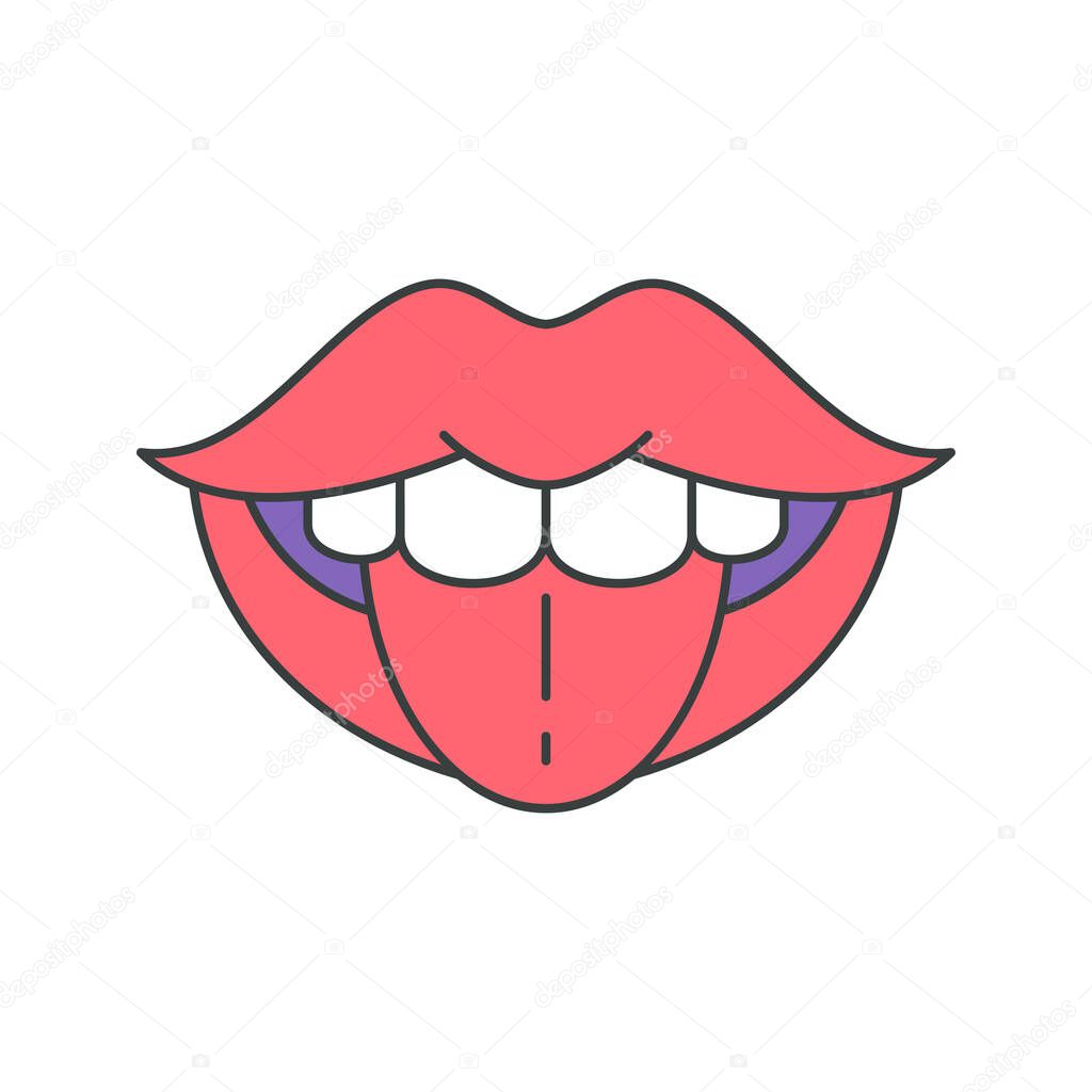 Flirting woman open mouth white teeth showing tongue pop art groovy style t shirt print vector cartoon illustration. Fooling female pink lips playful sexy joke tease comic sticker decorative design