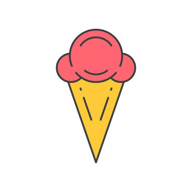 Waffle külahlı pembe kremalı dondurma. Tatlı konisi, popüler sanat harikası, vektör çizimi. İştah açıcı, lezzetli, taze, soğuk, dondurulmuş süt ürünleri, eski moda etiketler.