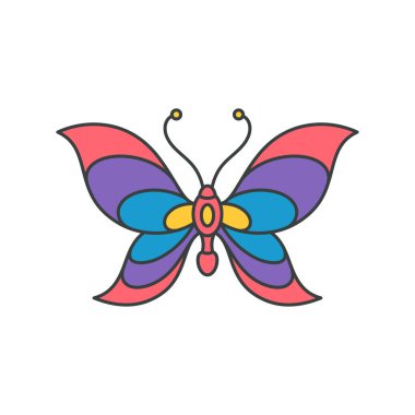 Soyut çok renkli yaz gökkuşağı çizgili kelebek açık kanatlı ve antenli pop sanatı stili dekoratif stil dekoratif karikatür çizimi. Parlak güzel bahar psikedelik böcek böceği