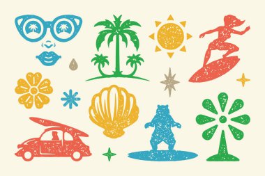 Yaz sembolleri ve nesneler vektör illüstrasyonunu ayarlar. Ayı ve sörfçü arabası. Parlak çiçek ve güneş ile açık kabuk. Güneş gözlüklü kadın ve yıldızların yüzleri. Vektör düz kümesi