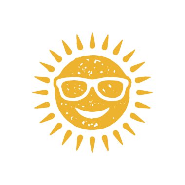 Güneş gözlüğü takan parlak sarı bir yaz güneşi. Pozitif duygu dolu bir el çizimi ile gülümsüyor. Grunge desen vektör çizimi. İyi yolculuklar yaz tatili tropikal hava durumu moda logosu izole