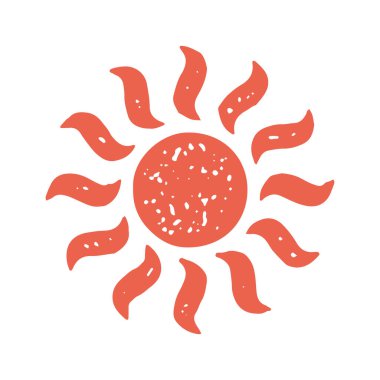 Kırmızı, kavisli kirişlerle yanan dekoratif güneş dairesel dizayn grunge desen vektör çizimi. İnanılmaz doğal güneşli gün doğumu, gün batımı, sabah ya da akşam beyaz üzerinde izole edilmiş.