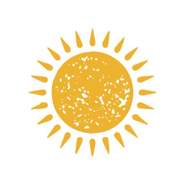 Parlayan kirişlerle çevrili dekoratif sarı daire güneş el şeklini düşürür grunge desen vektör illüstrasyonunu çizer. Doğal güneş sembolü yaz güneşli gün sıcak çöl havası tatili