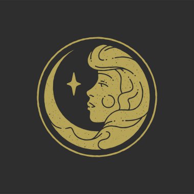 Sihirli kadın tanrıça uzun saçlı ve yıldızlı yuvarlak altın çerçeveli minimalist dizayn grunge desen vektör çizimi. Meditasyon Harmony Spa Stüdyosu için esrarengiz kadın zarif logoti.