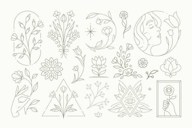 El çizimi monokrom esrarengiz sanat botanik amblemi kadın güzellik güzellik merkezleri, doğum günü düğün tebrik kartı, çiçek davetiyesi, kozmetik mağazası, bahçe vektör ilüstrasyonları.
