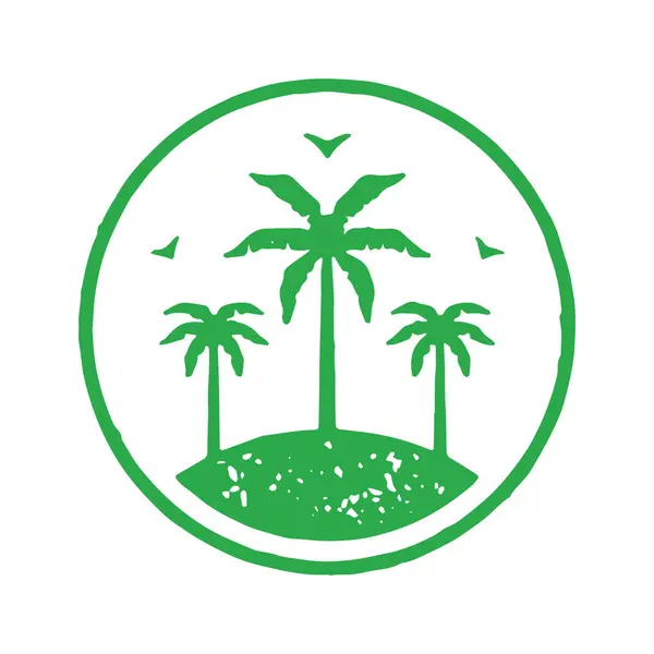 Ilha Mar Desabitada Com Palmeiras Selva Gaivotas Voadoras Logotipo Círculo — Vetor de Stock