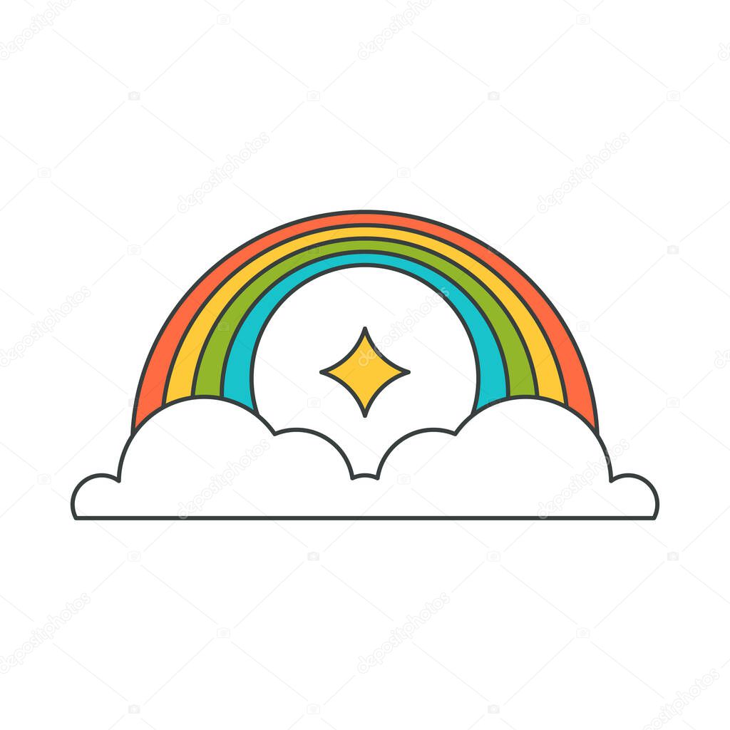 Curved bright striped rainbow with shining star surrounded by fluffy cloud sky weather pop art groovy style vector cartoon illustration. Magic natural multicolored arch rainy weather environment