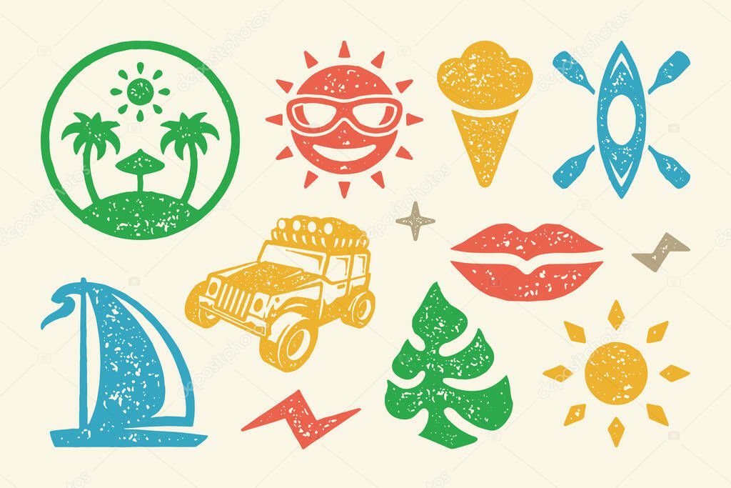 Summer symbols and objects set vector illustration. Jeep for travel with rowboat and sailboat. Ice cream in cone with female lips and leaf. Lightning and stars symbols. Vector set illustration