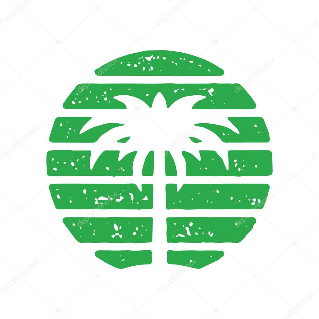 Vintage summer resort logo palm tree in circle striped frame hand drawn grunge texture vector illustration. Retro tropical vacation exotic paradise luxury summertime rounded logotype decorative design