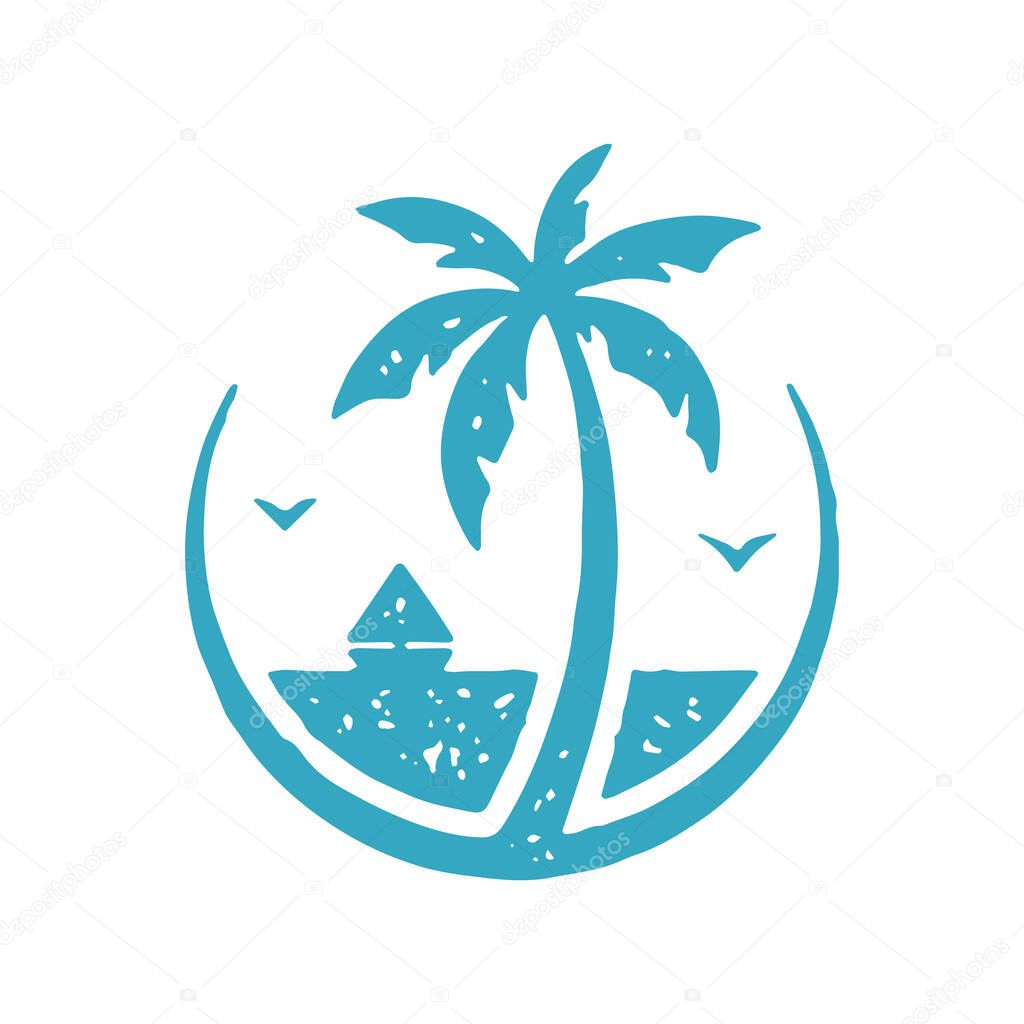 Blue hand drawn summer vacation circle emblem with palm tree, beach, sailboat and seagulls grunge texture vector illustration. Luxury resort sea coast travel holiday landscape round logotype design