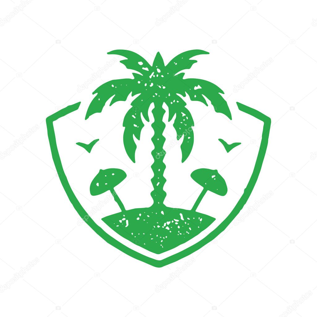 Minimalist summer beach resort with palm tree, umbrella and seagulls heraldic shield logotype green grunge texture decorative design vector illustration. Hand drawn luxury coast vacation landscape