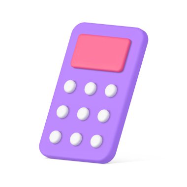 Pembe ekran ve düğmeli minimalist mor hesap makinesi gerçekçi 3d ikon vektör illüstrasyonunu kontrol ediyor. Dijital mali denetim matematik cebir bütçe giderleri