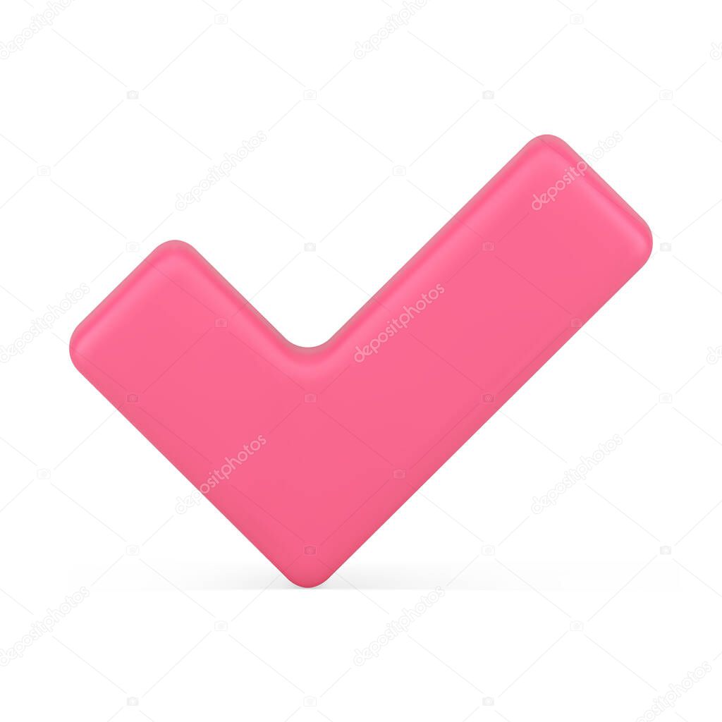 Pink realistic confirm check mark badge glossy decorative design front view 3d icon template vector illustration. Acceptance positive vote checkmark symbol done good ok success agreement isolated