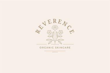 Doğal zarif çayır çiçeği minimalist iş logosu dekoratif tasarım vektör çizimi. Romantik yabani çiçek bitkisi. Güzel basit reklam davetiyesi logosu. Mesajlar için yer var.