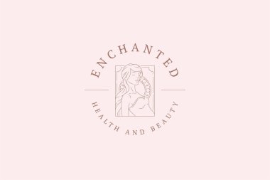 Romantik ortaçağ kadını doğal güzellik organik cilt bakım dairesi. Metin satırı sanat logosu illüstrasyonu için. Zarif kadın makyaj kozmetik vücut bakım klasik dekoratif tasarımı metin için yer var