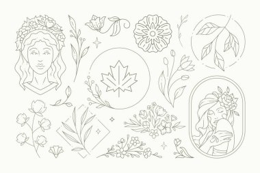 Romantik çiçek logosu vektör illüstrasyonunu belirledi. Dekoratif çiçek tasarımı olan güzel bir kadın. Bahçecilik kartı için. Beyaza izole edilmiş. Şirin yabani çiçekçi buketi. Güzel mahsul çiftliği.