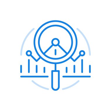 Dinamik analizi iş grafiği vektör çizgisi simgesi. Finansal piyasa şeması ve yatırım dalgalanmaları. Grafik eğrisinin üzerinde büyüteç. Borsa ve bankacılık endeksi ekonomisinin düşüşü ve yükselişi.