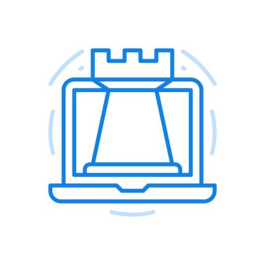 Satranç çevrimiçi vektör çizgisi simgesi. Eski rekabetçi strateji oyunu. Laptop ekranında büyük kale var. Mantık turnuvası yaratıcılığı ve matematiksel hesaplamalar. Görünüşte kazanan entellektüel yönetim.