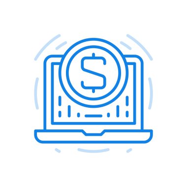 İş çevrimiçi vektör çizgisi simgesi. Web ticareti ve finansal yatırımlar. Ekranda para sembolü olan dizüstü bilgisayar. Banka işlemleri uzaktan ve elektronik cüzdanla mal satın alma.