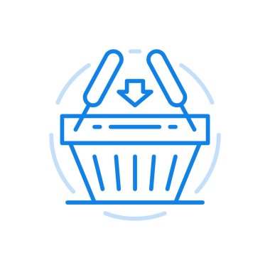 Alışveriş arabası vektör çizgisi simgesine ekleniyor. Market ve süpermarketten mal satın al ve indir. Ok iki saplı sepeti gösteriyor. Uygulamada çevrimiçi dağıtım perakende ve hızlı dağıtım.