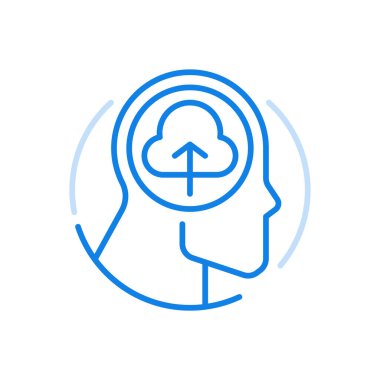 Vektör çizgisi simgesi düşünme süreci öğreniliyor. İstihbarat işleme prosedürü. Kişisel olarak alınan bilgiler. Bulutlu ve yukarı doğru oklu insan kafası. Beyin fırtınası ve yaratıcı düşünce.