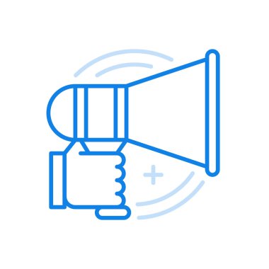 El vektör çizgisi simgesinde megafon. Kamu duyurularıyla promosyon yapmak. Acil bilgi uyarısı. Kalabalık katılımlı sosyal yaratıcı yönetim sunumu.