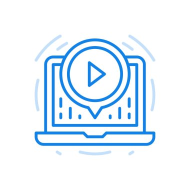 Web video vektör çizgisi simgesi izlemek. Web oyuncusuyla sinematografik film. Dizüstü bilgisayardaki sembolü daire şeklinde oynat. Dijital ve televizyon bilgilerine sahip kullanışlı multimedya teknolojisi.