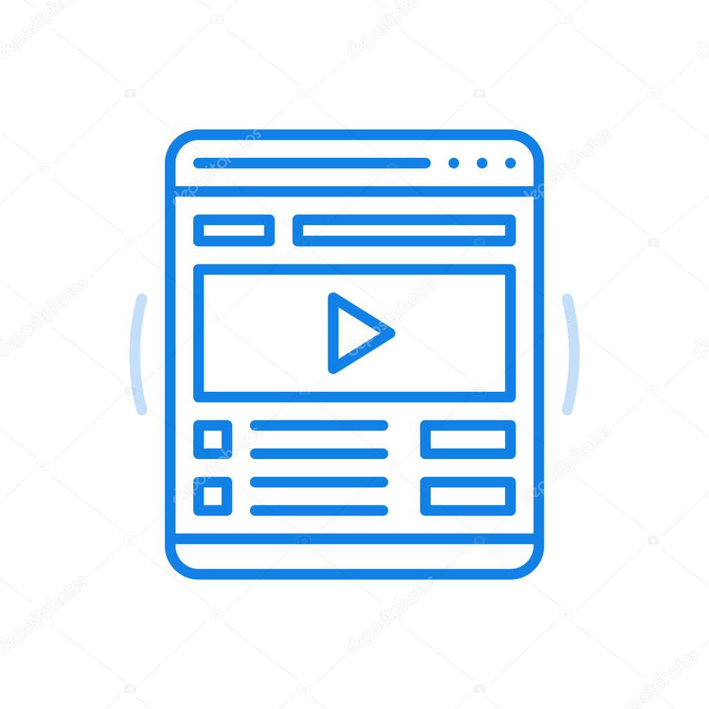Web video player vector line icon. Convenient media interface and high quality playback. Screen with sound equalizer and video player settings. Online software dashboard with modern applications.