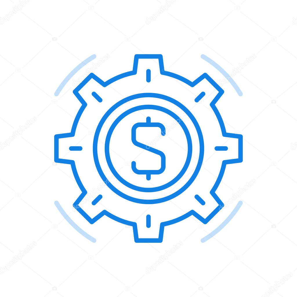Financial investment work process vector line icon. Business strategy and banking investment management. Gear with money symbol in center. Capital marketing growth and accounting planning.
