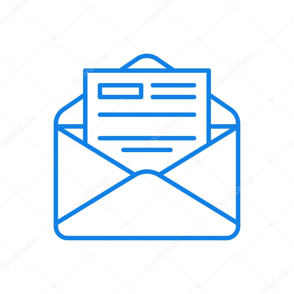 Contract email vector line icon. Signed deal in official documentation. Completed sheet in open envelope. Important partnership agreement web form. Business contract in digital form.