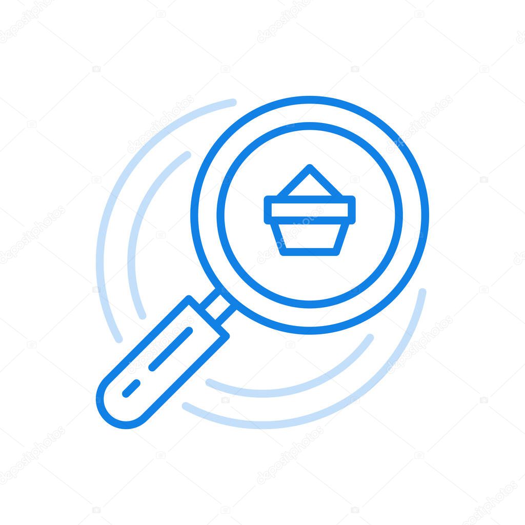 Shopping delivery analysis vector line icon. Online retail and commercial sales. Packaging under magnifying glass. Checking electronic marketplace to improve financial transactions quality delivery.