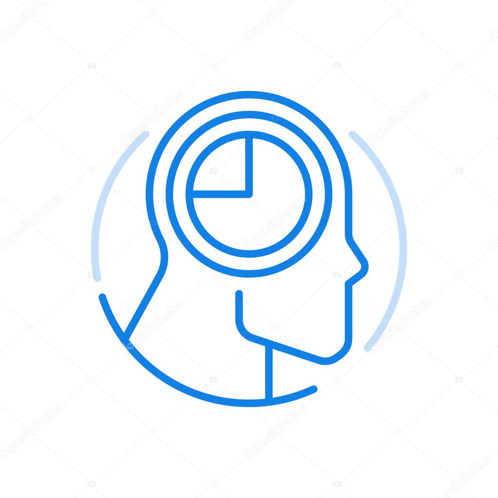 Human biological clock vector line icon. Time to sleep and wake up with normalization of circadian rhythms. Character head with dial. Comfortable awakening and fresh feeling throughout day.