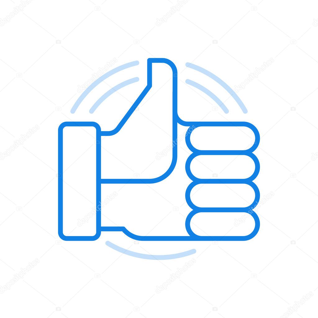 Like symbol vector line icon. Social media and web endorsement. Hand with raised thumb. Public networking opinion with super gesture and good communication. Confirmation of received data.