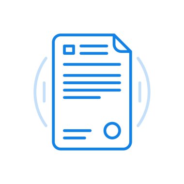 Pul vektör çizgisi simgesi ile belge sözleşmesi. Yuvarlak pullu, kıvrık kenarlı kağıtlar. Departmandan önemli bir yönetim raporu. Muhasebe denetiminin kayıt istatistikleri.