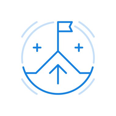 Başarılı bir kariyer vektör çizgisi ikonu. Şirket iş rekabetinde liderlik başarısı. Tepesinde bayrak ve yukarı doğru ok olan soyut bir dağ. Şirket takımı firmayı kazandı..