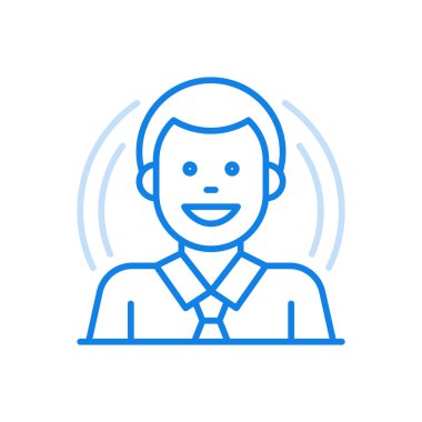 Gülen iş adamı karakter çizgisi ikonu. Kravatlı genç adamın Avatar soyut profili. Eğlence tasarımı ve mutlu çalışma tutkusunun sembolü. Sosyal medya kullanıcısının neşeli bir portresi..