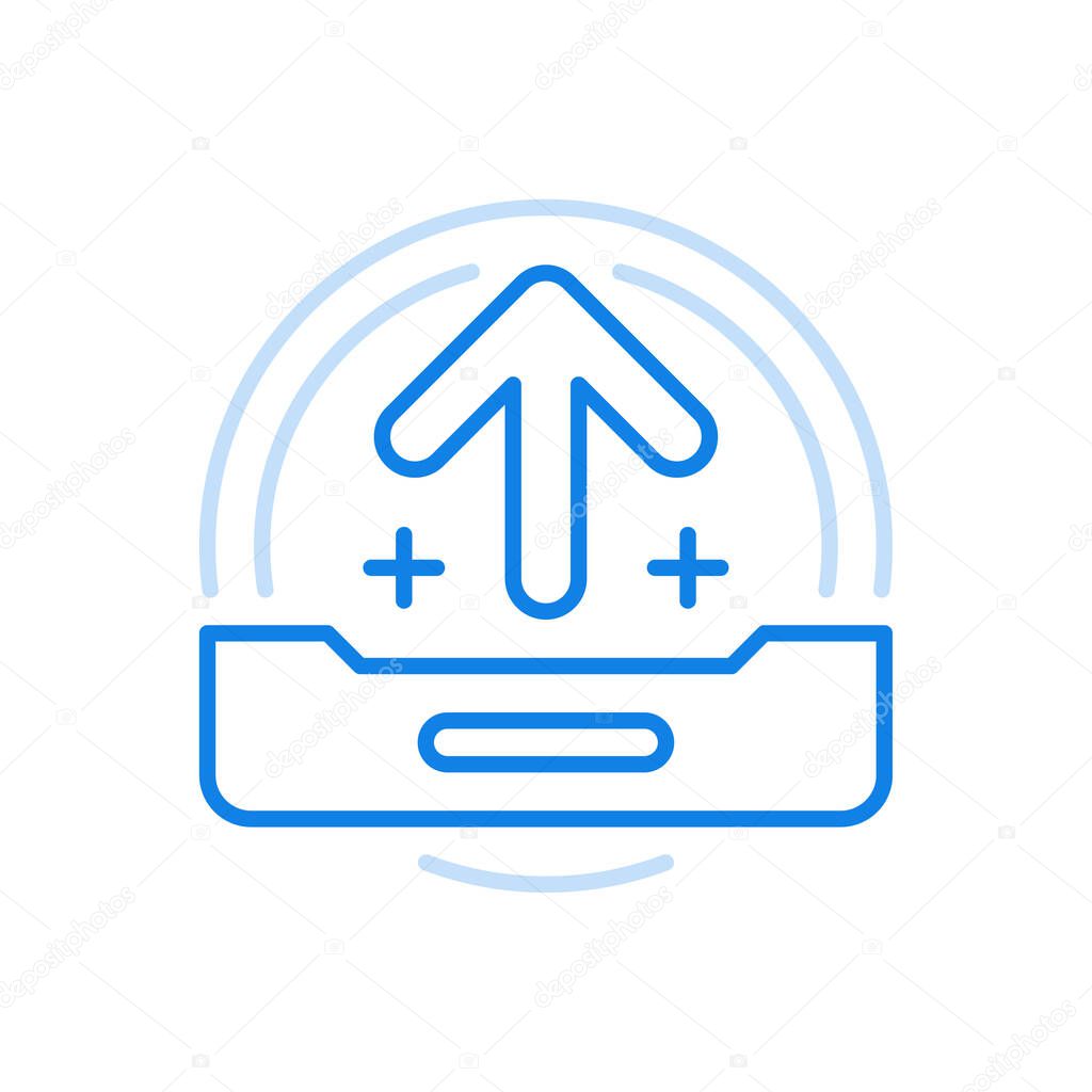 Downloading files from removable media vector line icon. Arrow pointing upward rectangular device. Filling online with information of hard disk USB flash drive. Retention and digital data buffering.