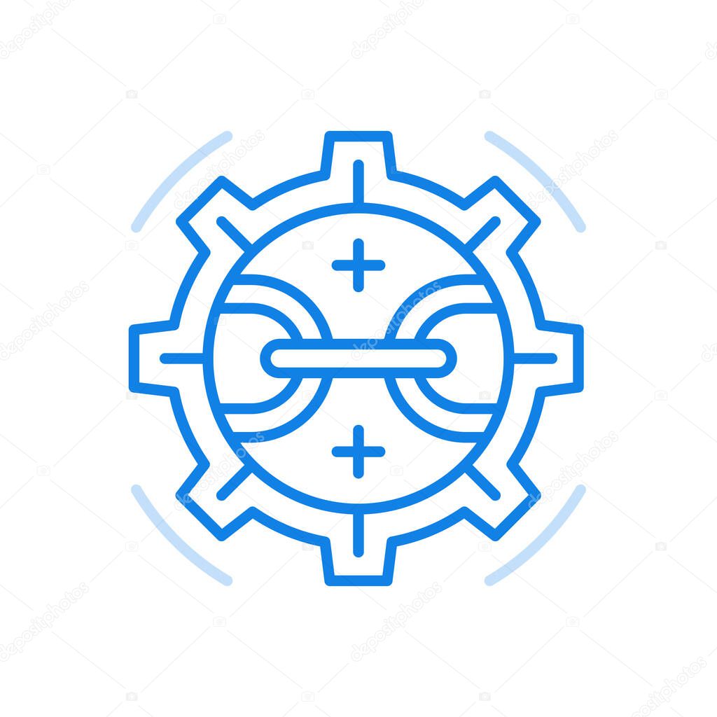 Streamlined optimization process vector line icon. Modern technology to increase power of work process. Cogwheel with connected chain. Strong marketing analysis and management statistics.