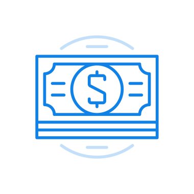 Banknotes bohça vektör çizgisi simgesi. Kazançlı ekonomide zengin yatırım ve tasarruflar. Hizmet ve mal alımı için ödeme. Gelişmiş bankacılığın nakit para birimi sembolü.