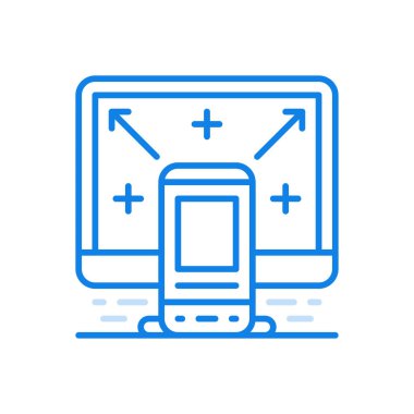 Elektronik aygıtlar vektör çizgisi simgesinden dosya transferi. Akıllı araçlar arasındaki kullanıcı bilgilerini yüklemek için çevrimiçi teknoloji. Okları olan monoblock bilgisayarının arkaplanındaki akıllı telefon.