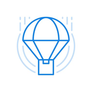 Herhangi bir vektör çizgisi simgesine paket teslimatı. Posta konteynırlarının nakliyesi ve sevkiyatı için lojistik servis. Kutuyu paraşütle indirdim. Dünya çapında ticari ekspres teslimat.