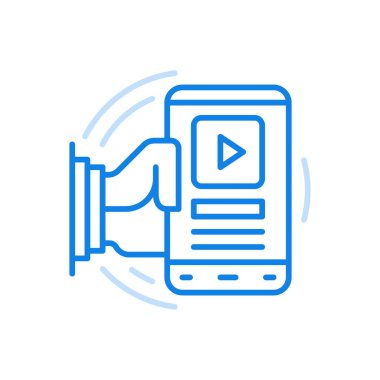 Mobil uygulama vektör çizgisi simgesinde video izleniyor. Multimedya cihazları için dijital teknolojiler. Ekranda oynatma tuşu olan akıllı telefonu tutan el. Müzik dinleyerek film ve haber yayınlamak..