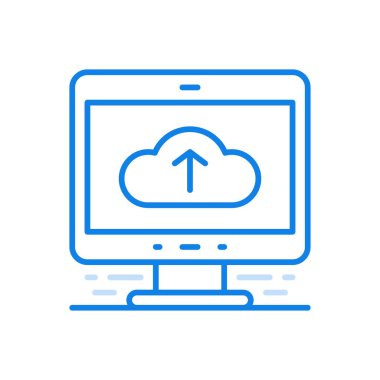 Bulut servis vektör çizgisi simgesine yükle. Bağlı web sunucularındaki servis ve depolama verileri. Ekranda ok olan bir bulut. Erişilebilir dijital bilgi herhangi bir uzaklık.