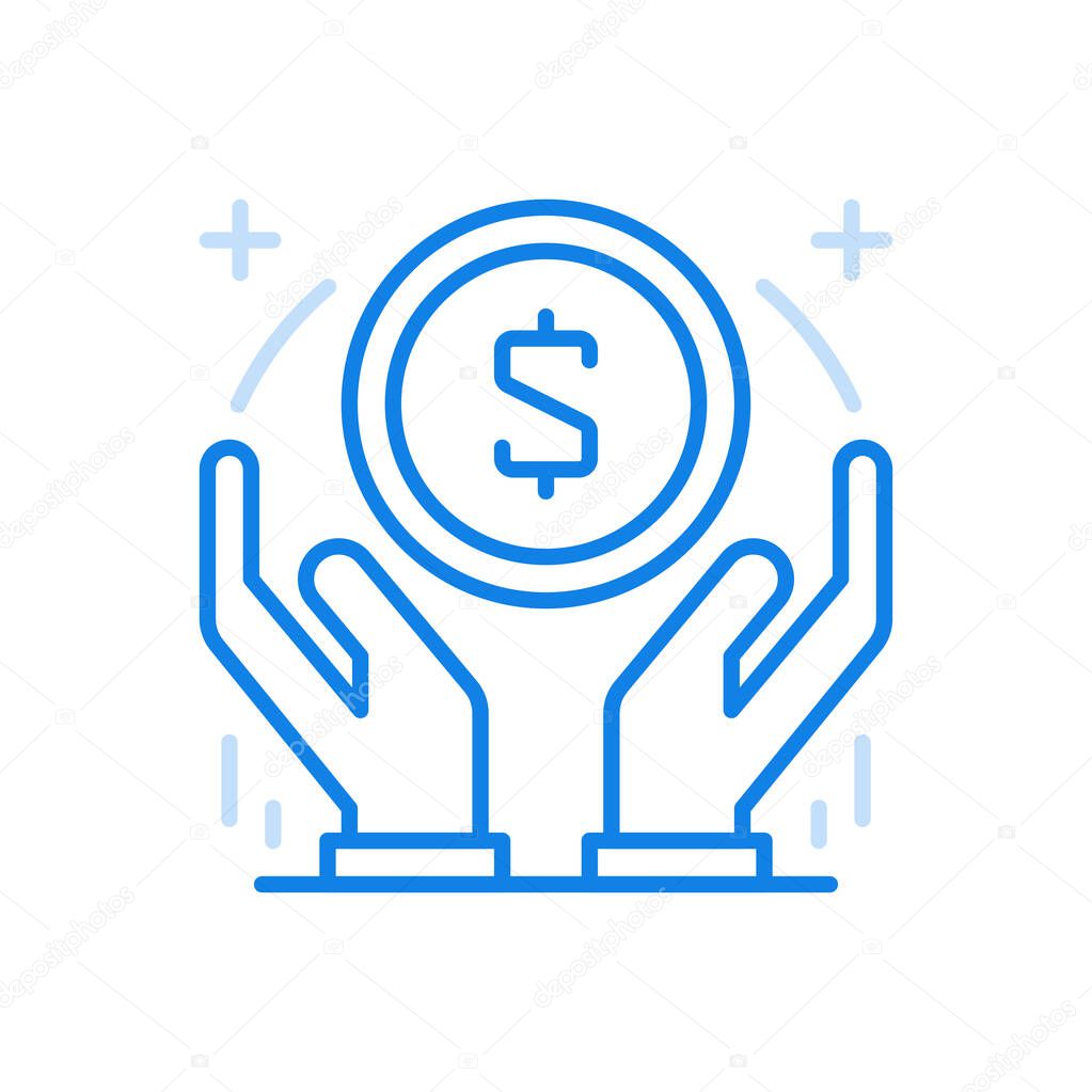 Creative finance strategy vector line icon. Investment and profitable economic planning. Hands hold circle with symbol of money. Success competent financial marketing with banking development.