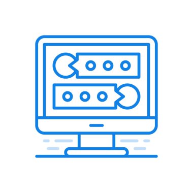 Çevrimiçi sohbet vektör çizgisi simgesi. Sosyal ağlarda iletişim forumları. Ekranda karakter çizgileri ve diyalogları olan bir monitör. Tartışma haber servisi ve bilgilendirme destek kullanıcıları.